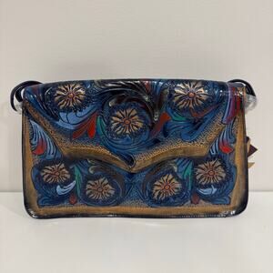 Sukriti Womens Genuine Leather Cross Body Hand Painted Bag Purse Blue Gold NEW